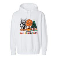 Skeleton Halloween Thanksgiving Xmas Happy Hallothanksmas Garment-Dyed Fleece Hoodie