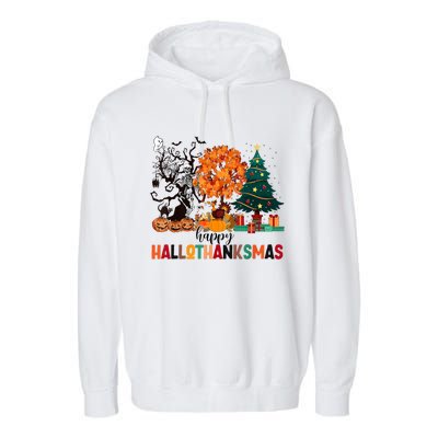 Skeleton Halloween Thanksgiving Xmas Happy Hallothanksmas Garment-Dyed Fleece Hoodie