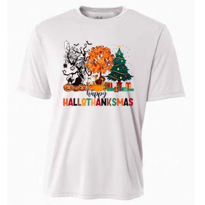 Skeleton Halloween Thanksgiving Xmas Happy Hallothanksmas Cooling Performance Crew T-Shirt