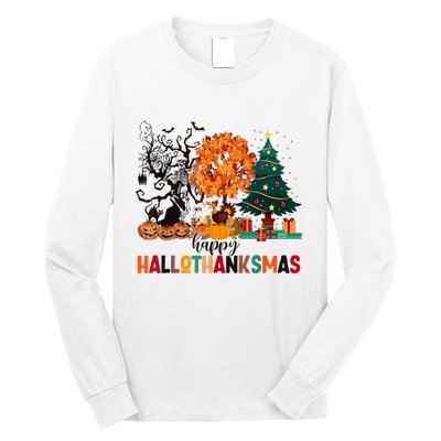 Skeleton Halloween Thanksgiving Xmas Happy Hallothanksmas Long Sleeve Shirt