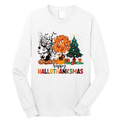 Skeleton Halloween Thanksgiving Xmas Happy Hallothanksmas Long Sleeve Shirt