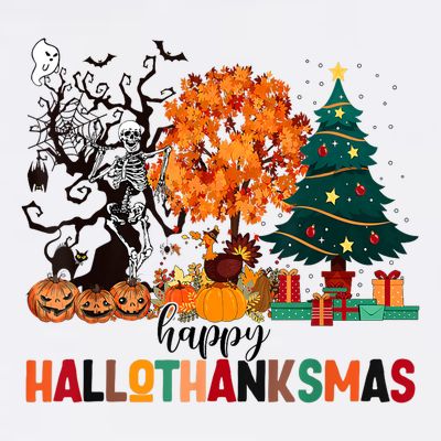 Skeleton Halloween Thanksgiving Xmas Happy Hallothanksmas T-Shirt