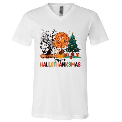 Skeleton Halloween Thanksgiving Xmas Happy Hallothanksmas V-Neck T-Shirt