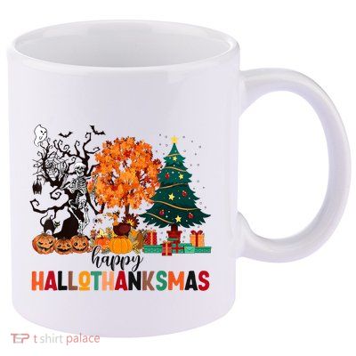 Skeleton Halloween Thanksgiving Xmas Happy Hallothanksmas 11oz C Handle Ceramic Mug
