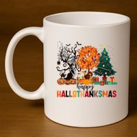 Skeleton Halloween Thanksgiving Xmas Happy Hallothanksmas 11oz C Handle Ceramic Mug
