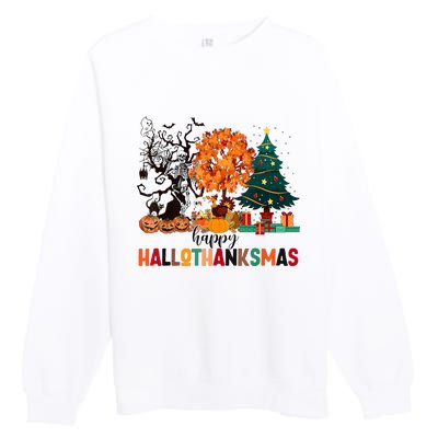 Skeleton Halloween Thanksgiving Xmas Happy Hallothanksmas Premium Crewneck Sweatshirt