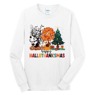 Skeleton Halloween Thanksgiving Xmas Happy Hallothanksmas Tall Long Sleeve T-Shirt