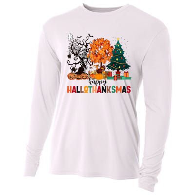 Skeleton Halloween Thanksgiving Xmas Happy Hallothanksmas Cooling Performance Long Sleeve Crew