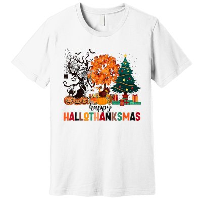 Skeleton Halloween Thanksgiving Xmas Happy Hallothanksmas Premium T-Shirt