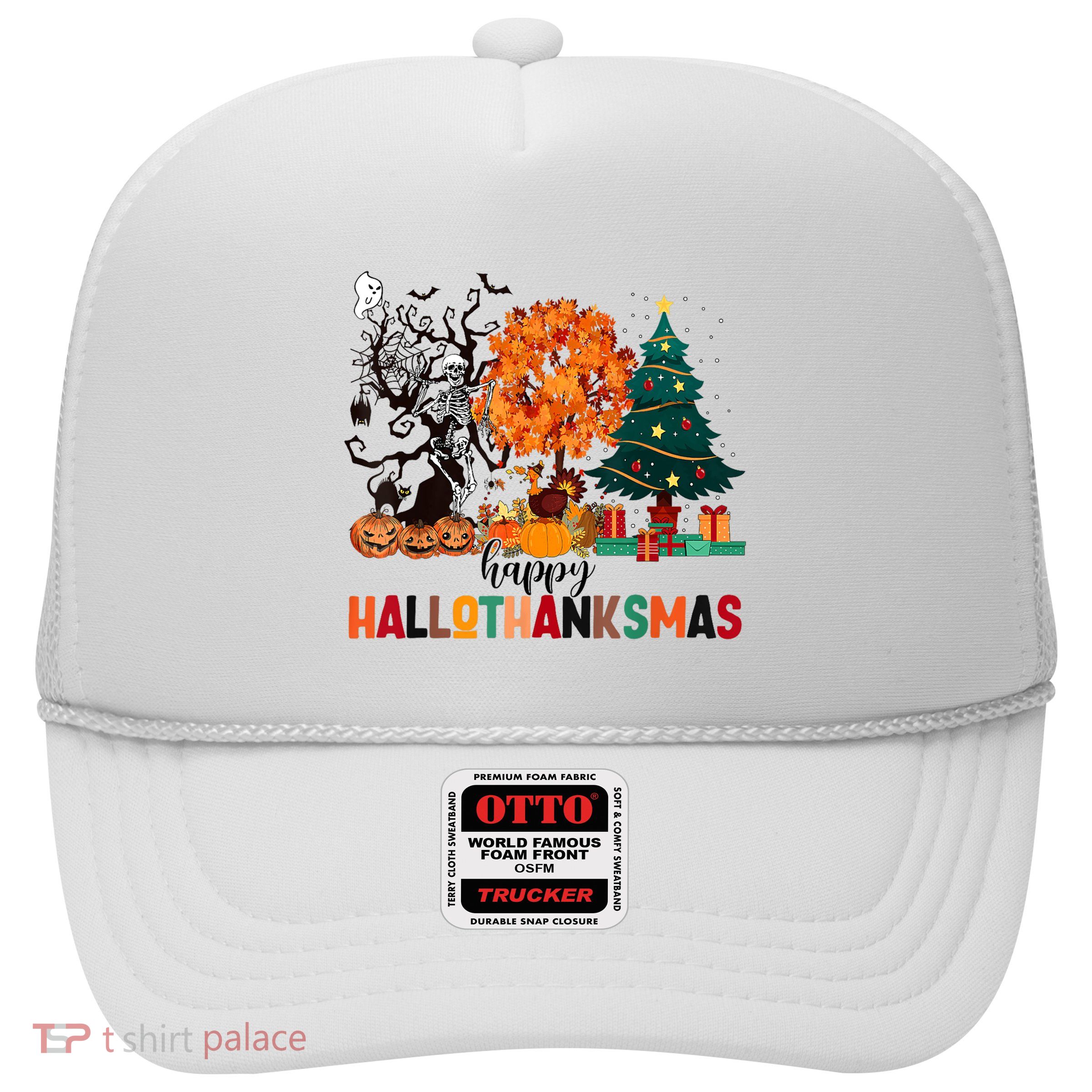 Skeleton Halloween Thanksgiving Xmas Happy Hallothanksmas Trucker Hat