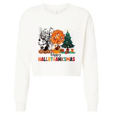 Skeleton Halloween Thanksgiving Xmas Happy Hallothanksmas Cropped Pullover Crew