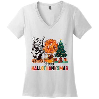Skeleton Halloween Thanksgiving Xmas Happy Hallothanksmas Women's V-Neck T-Shirt
