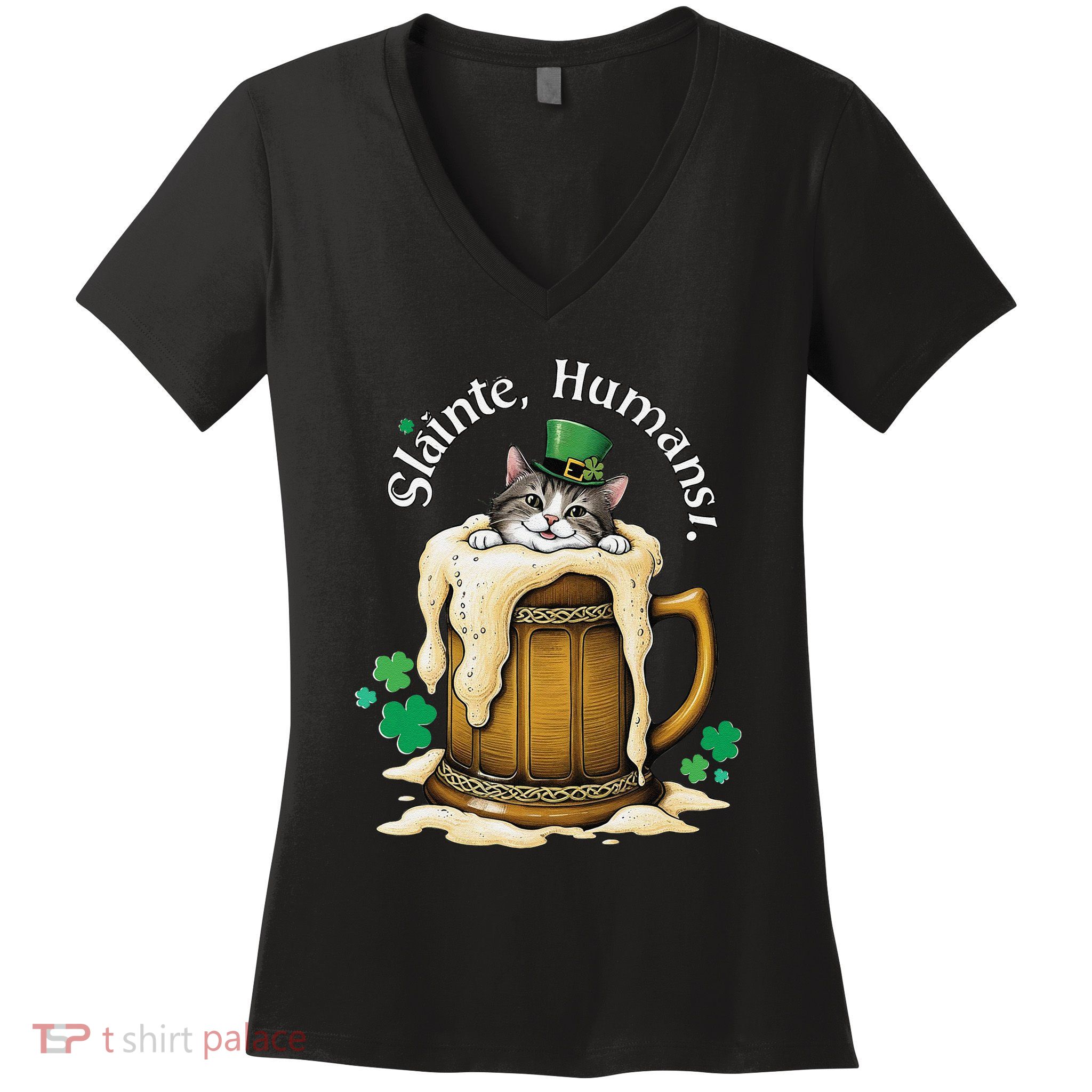 SláInte Humans! Tipsy Cat In Beer Mug St. Patrick’S Day Fun .Png Women's V-Neck T-Shirt