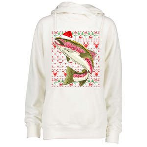 Santa Hat Ugly Christmas Rainbow Trout Fish Lovers Gift Womens Funnel Neck Pullover Hood