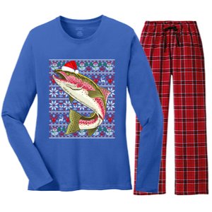 Santa Hat Ugly Christmas Rainbow Trout Fish Lovers Gift Women's Long Sleeve Flannel Pajama Set 