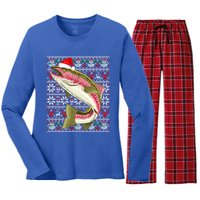 Santa Hat Ugly Christmas Rainbow Trout Fish Lovers Gift Women's Long Sleeve Flannel Pajama Set 