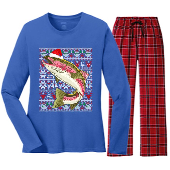 Santa Hat Ugly Christmas Rainbow Trout Fish Lovers Gift Women's Long Sleeve Flannel Pajama Set 