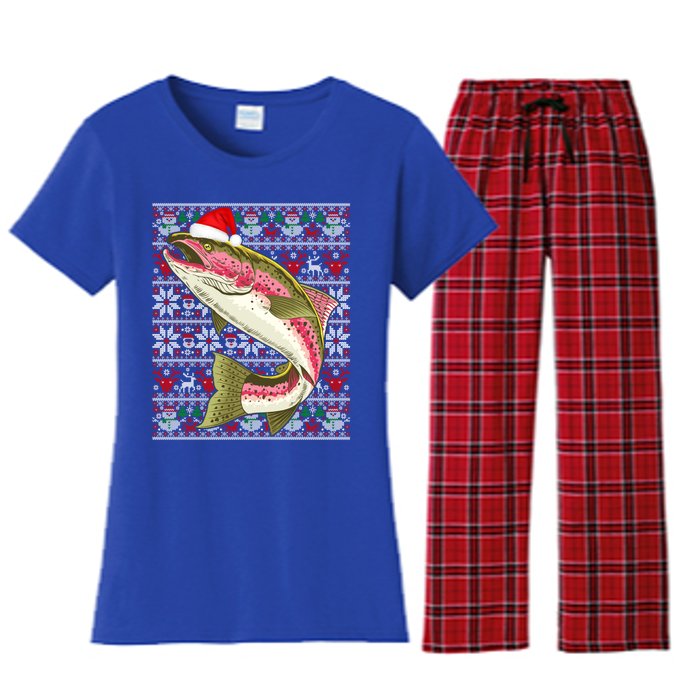 Santa Hat Ugly Christmas Rainbow Trout Fish Lovers Gift Women's Flannel Pajama Set