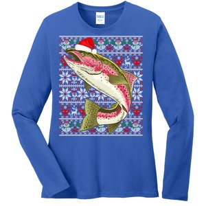 Santa Hat Ugly Christmas Rainbow Trout Fish Lovers Gift Ladies Long Sleeve Shirt