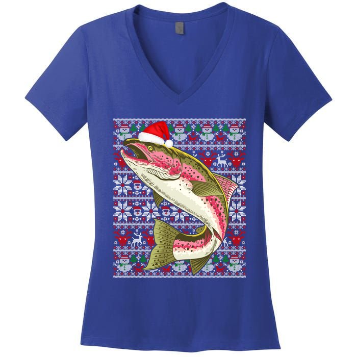 Santa Hat Ugly Christmas Rainbow Trout Fish Lovers Gift Women's V-Neck T-Shirt