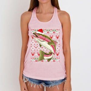 Santa Hat Ugly Christmas Rainbow Trout Fish Lovers Gift Women's Knotted Racerback Tank