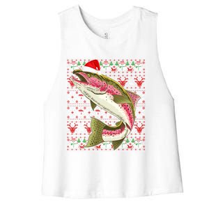 Santa Hat Ugly Christmas Rainbow Trout Fish Lovers Gift Women's Racerback Cropped Tank