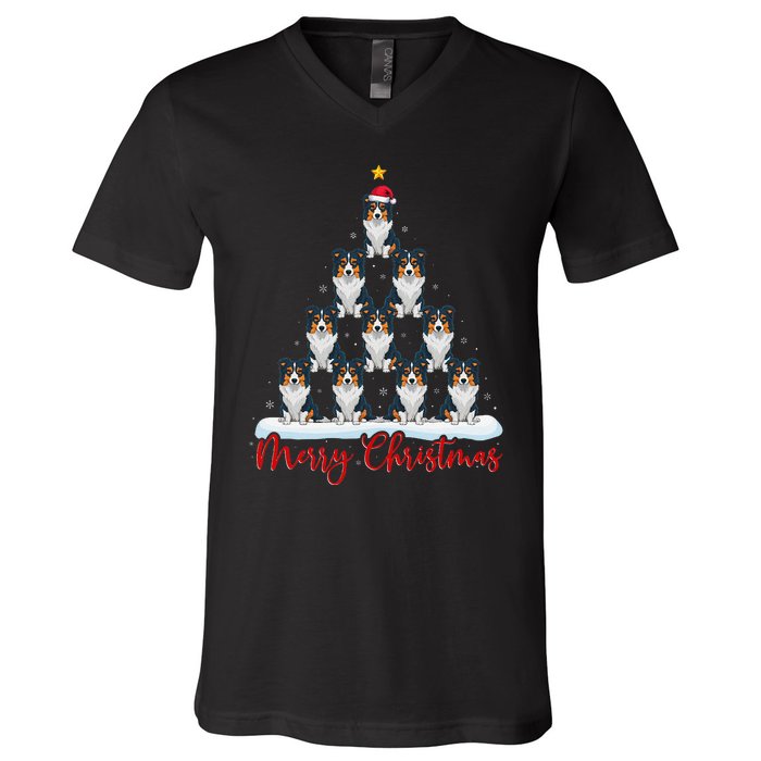 Santa Hat Ugly Xmas Funny Border Collie Dog Christmas Tree V-Neck T-Shirt