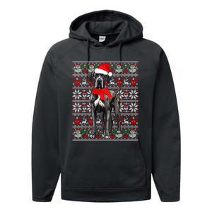 Santa Hat Ugly Christmas Sweater Great Dane Dog Lovers Long Sleeve Performance Fleece Hoodie