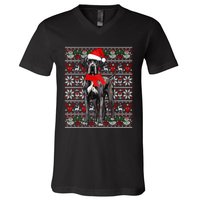 Santa Hat Ugly Christmas Sweater Great Dane Dog Lovers Long Sleeve V-Neck T-Shirt