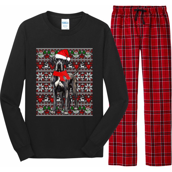 Santa Hat Ugly Christmas Sweater Great Dane Dog Lovers Long Sleeve Long Sleeve Pajama Set