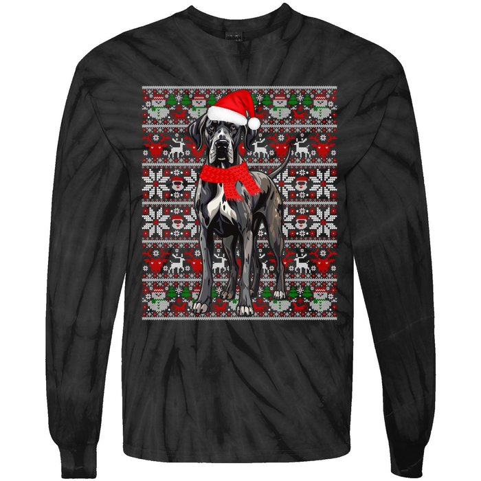 Santa Hat Ugly Christmas Sweater Great Dane Dog Lovers Long Sleeve Tie-Dye Long Sleeve Shirt