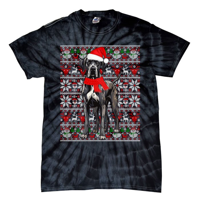 Santa Hat Ugly Christmas Sweater Great Dane Dog Lovers Long Sleeve Tie-Dye T-Shirt