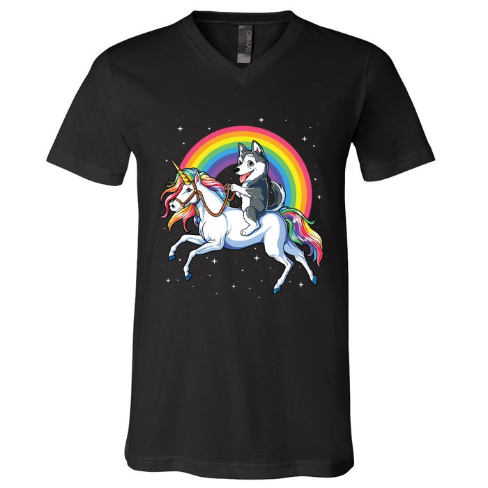 Siberian Husky Unicorn T Girl Space Galaxy Rainbow V-Neck T-Shirt