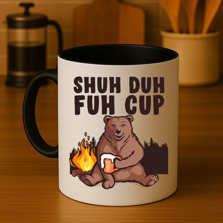 Shuh Duh Fuh Cup Bear Drinking Beer Camping Mug