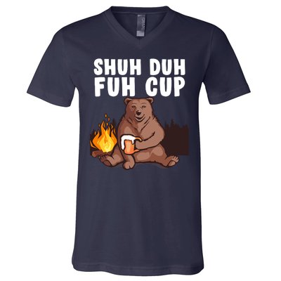 Shuh Duh Fuh Cup Bear Drinking Beer Camping V-Neck T-Shirt