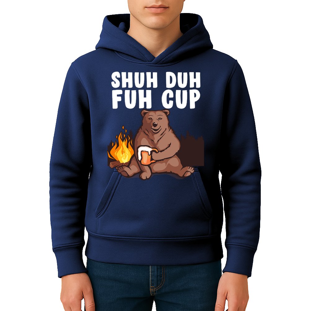 Shuh Duh Fuh Cup Bear Drinking Beer Camping Kids Hoodie