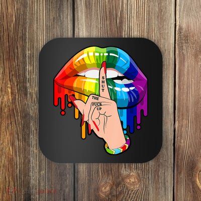 Shut The F Up Dripping Rainbow Gay Pride LGBT Lips Coaster
