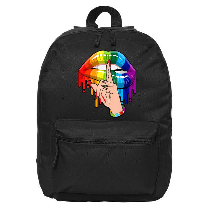 Shut The F Up Dripping Rainbow Gay Pride LGBT Lips 16 in Basic Backpack