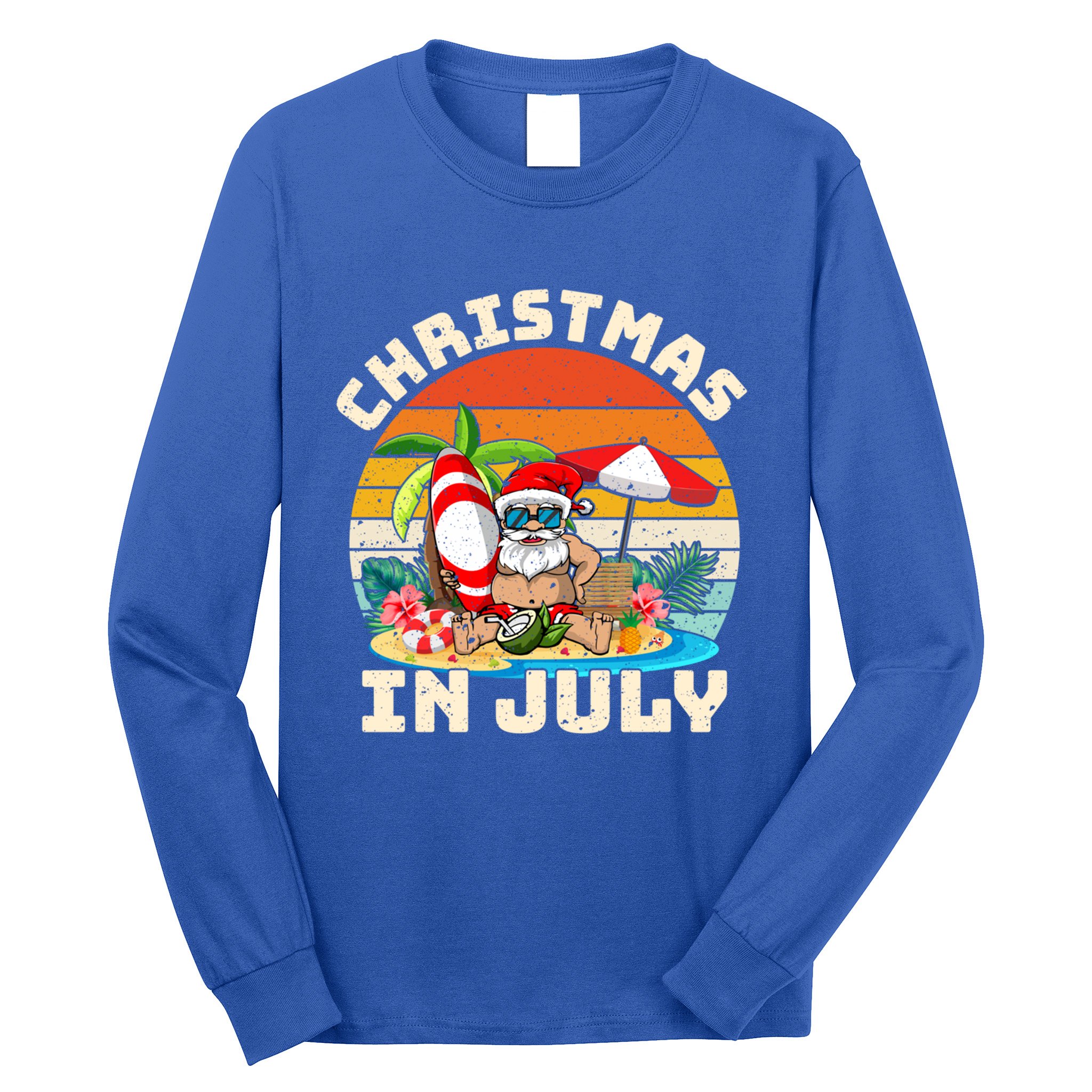 Santa Hawaiian Vintage Retro Surfing Santa Christmas In July Gift Long Sleeve Shirt