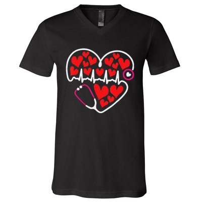 Stethoscope Heart Valentines Day Nurse RN LPN V-Neck T-Shirt