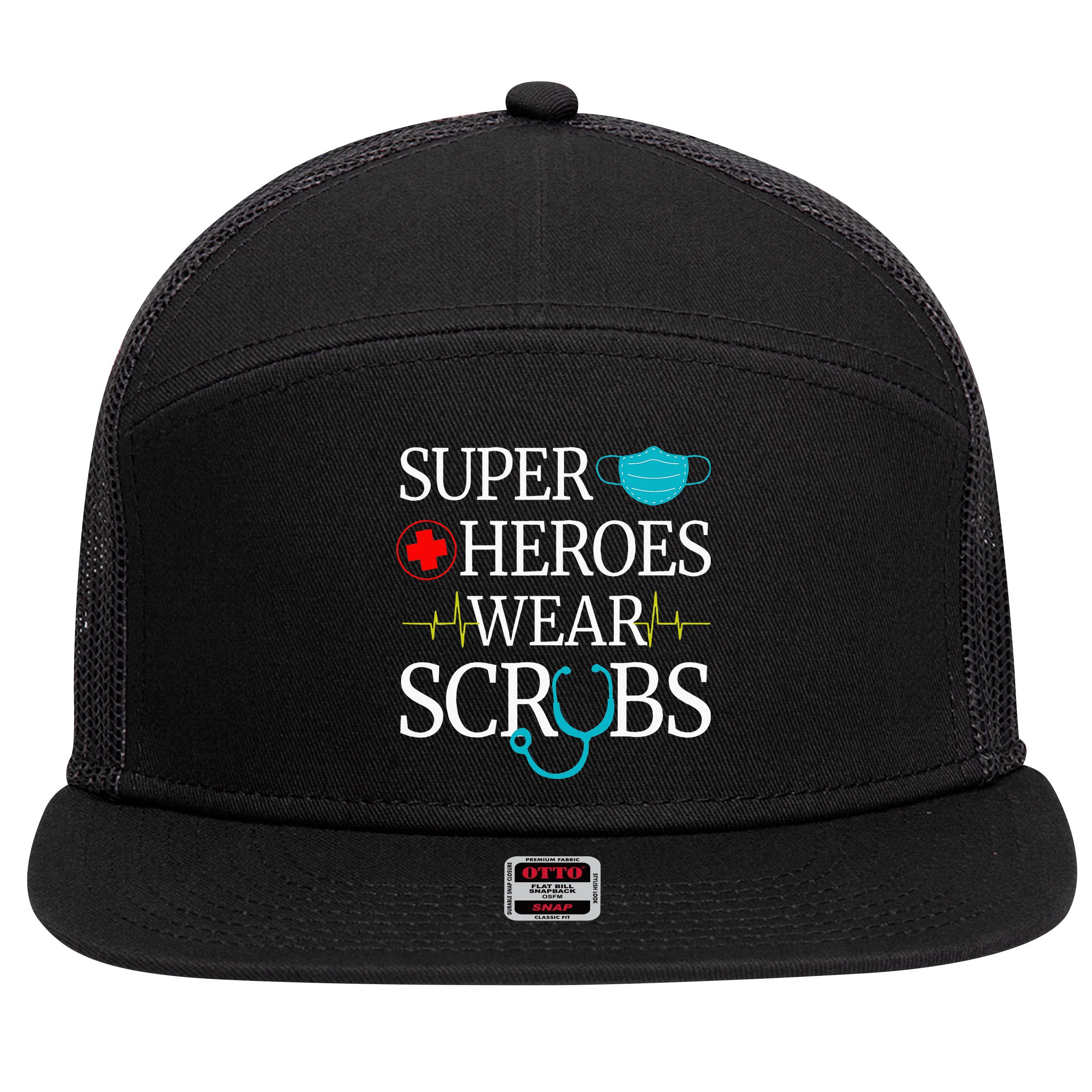 Super Heroes Wear Scrubs Nursing Cute Medical Nurse 7 Panel Mesh Trucker Snapback Hat