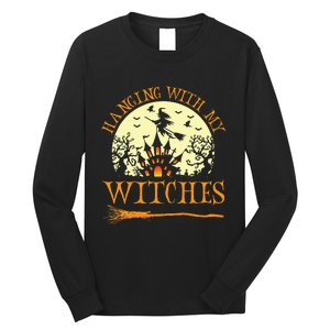 Spooky Halloween Witch Design with Broom and Bat Long Sleeve Shirt