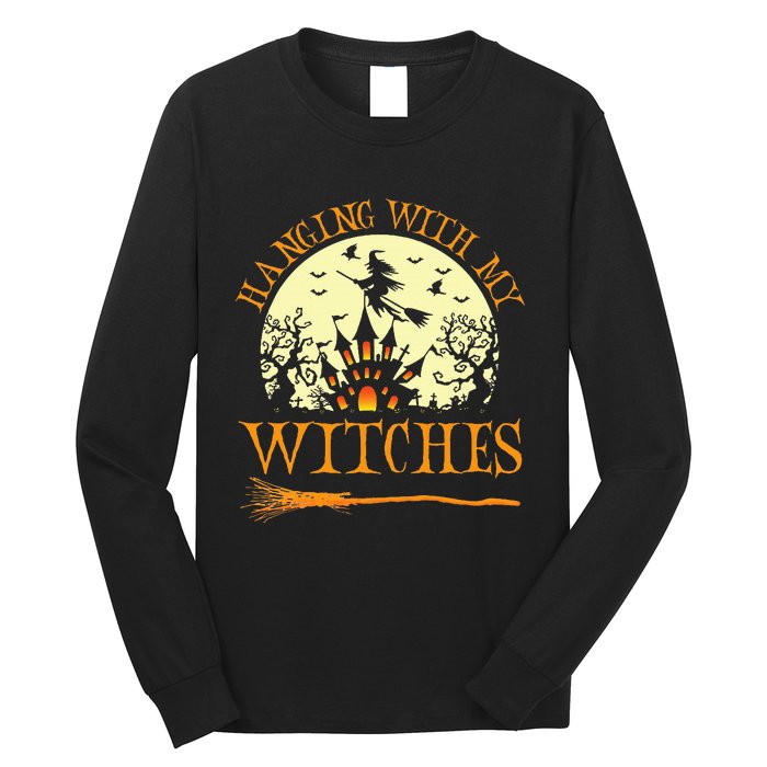 Spooky Halloween Witch Design with Broom and Bat Long Sleeve Shirt