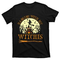 Spooky Halloween Witch Design with Broom and Bat T-Shirt