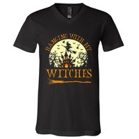 Spooky Halloween Witch Design with Broom and Bat V-Neck T-Shirt