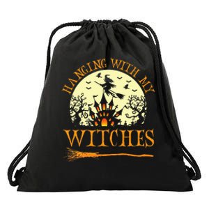 Spooky Halloween Witch Design with Broom and Bat Drawstring Bag