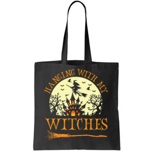 Spooky Halloween Witch Design with Broom and Bat Tote Bag