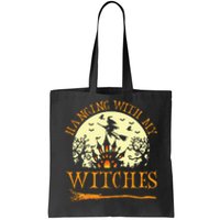 Spooky Halloween Witch Design with Broom and Bat Tote Bag