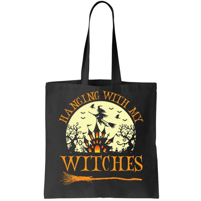 Spooky Halloween Witch Design with Broom and Bat Tote Bag