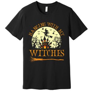 Spooky Halloween Witch Design with Broom and Bat Premium T-Shirt